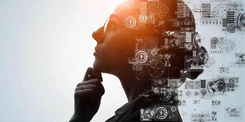 Illustration montrant la charge mentale et la complexité technique liées à la création d'un site web moderne en 2026, représentées par une silhouette humaine fusionnée avec des flux de données complexes.